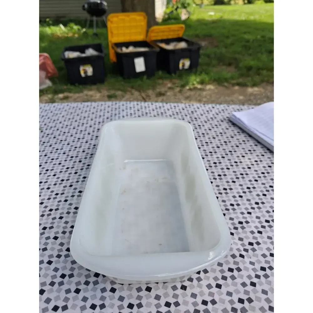 vtg Glasbake Milk Glass Loaf Pan Baking Dish 1-1/2 Qt w Green Modern Flowers